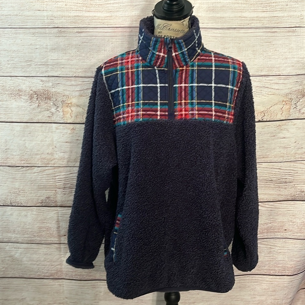 Vera Bradley Teddy Bear Fleece Half Zip Pullover Quilted Accents Size XL Blue